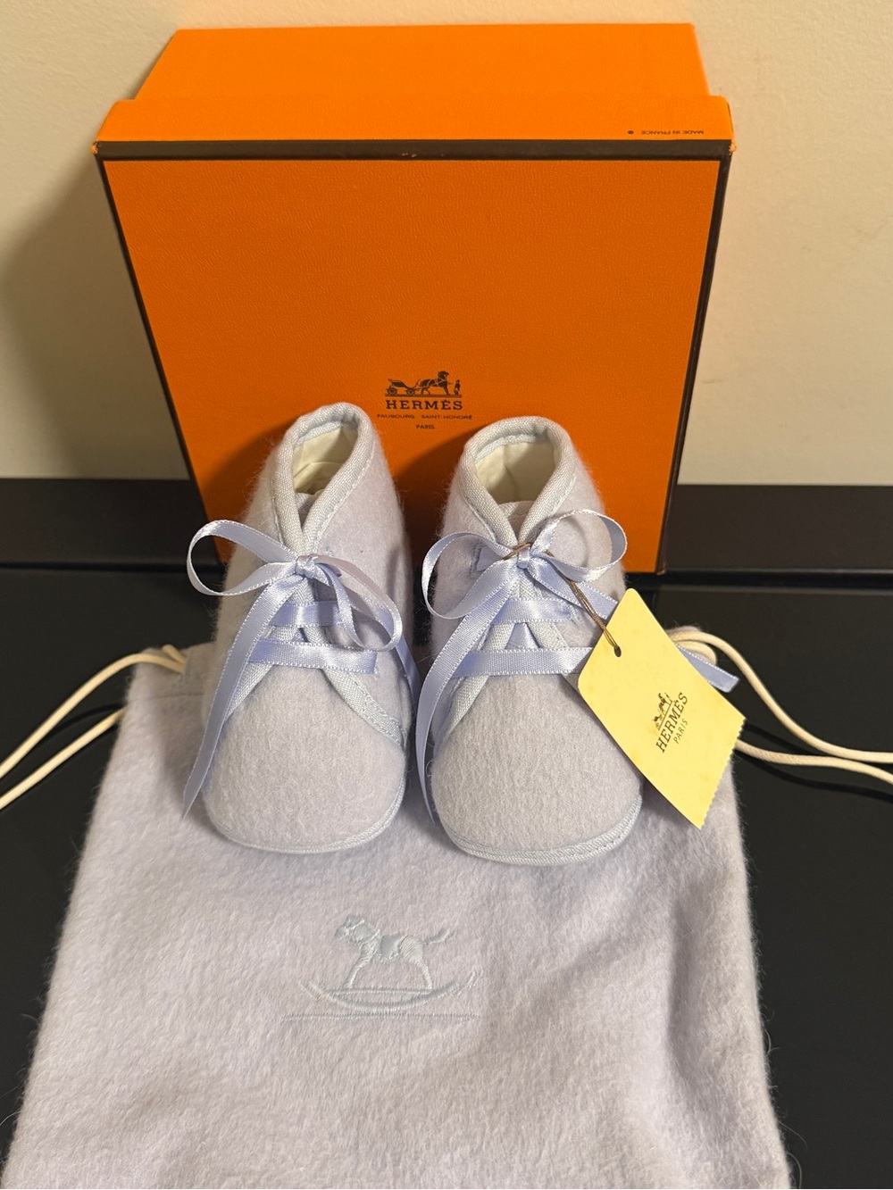 Hermes Light Blue Plush Baby Booties with Satin Ribbon